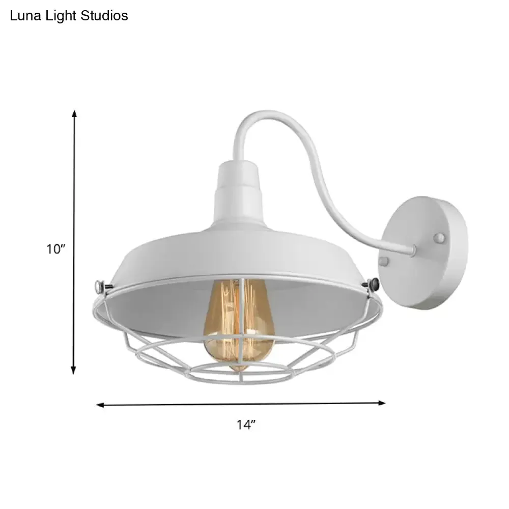 1-Head Caged Wall Sconce with Barn Shade and Gooseneck Arm - 10"/14" Size in Black/White for Restaurant Lighting