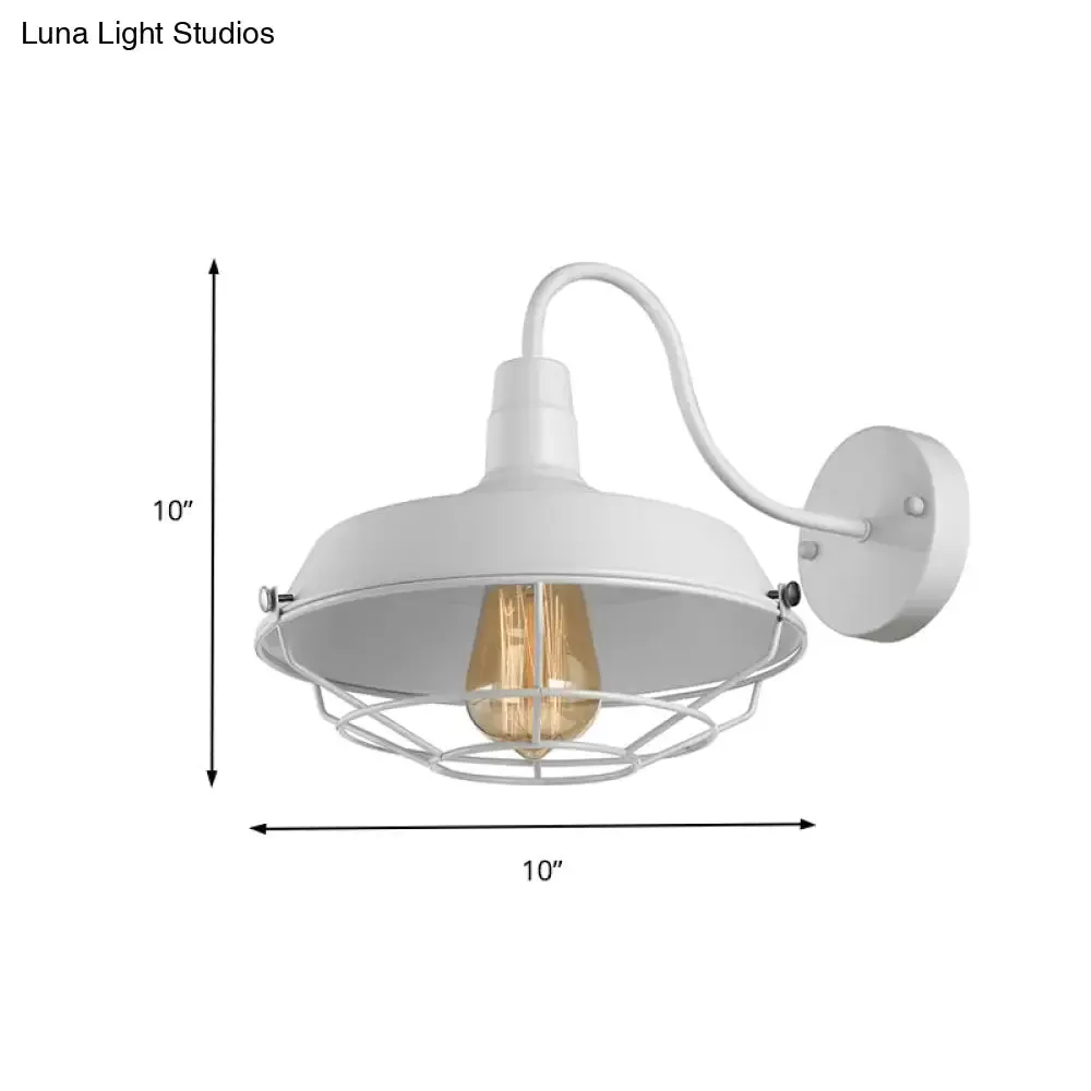 1-Head Caged Wall Sconce with Barn Shade and Gooseneck Arm - 10"/14" Size in Black/White for Restaurant Lighting