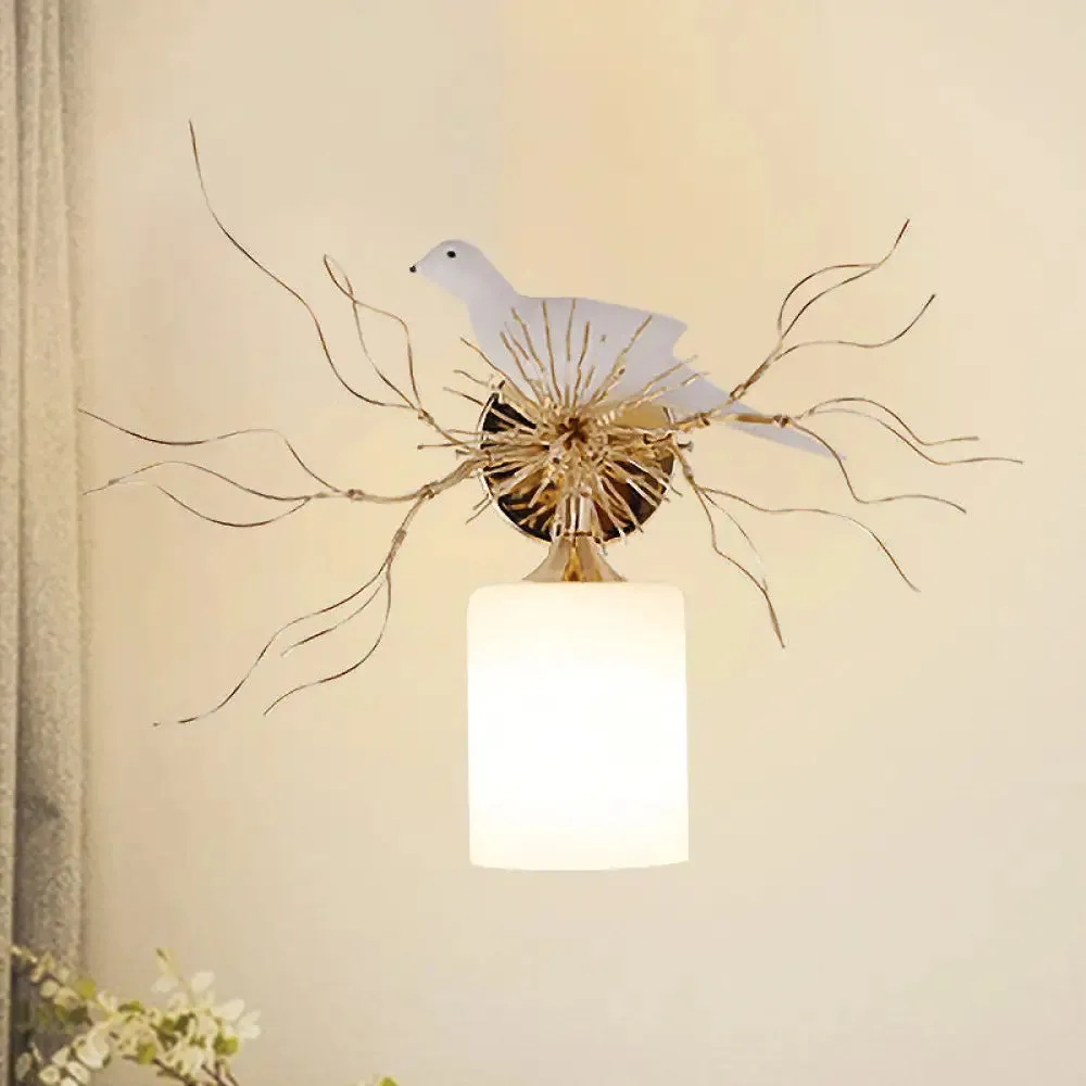 1-Head White Glass Wall Lamp for Bedroom - Loft Cylinder Lighting with Bird Accent