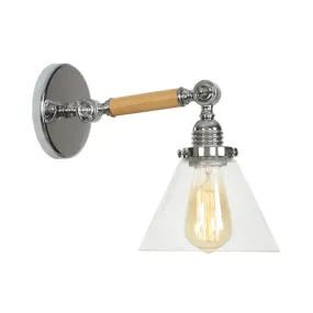 1-Light Rustic Wall Mounted Lamp - Clear Glass Rotatable Bowl/Cone/Bell Design in Chrome and Wood