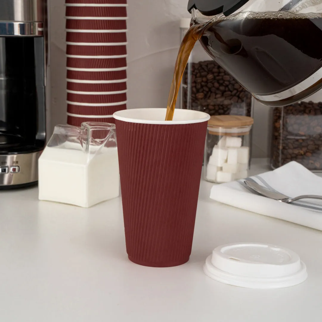 16 oz Crimson Paper Ripple Wall Coffee Cup - with White Lid - 3 1/2" x 3 1/2" x 6 1/4" - 200 count box