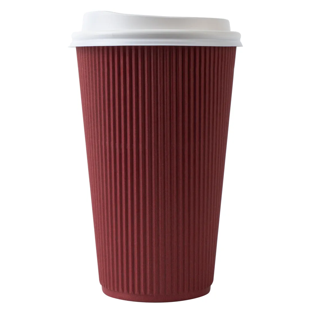 16 oz Crimson Paper Ripple Wall Coffee Cup - with White Lid - 3 1/2" x 3 1/2" x 6 1/4" - 200 count box