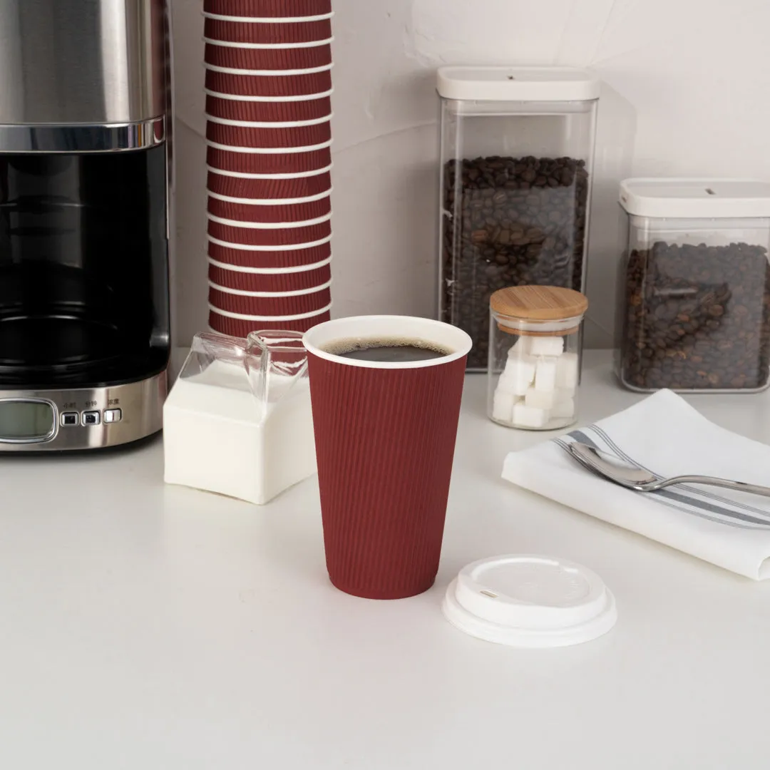 16 oz Crimson Paper Ripple Wall Coffee Cup - with White Lid - 3 1/2" x 3 1/2" x 6 1/4" - 200 count box