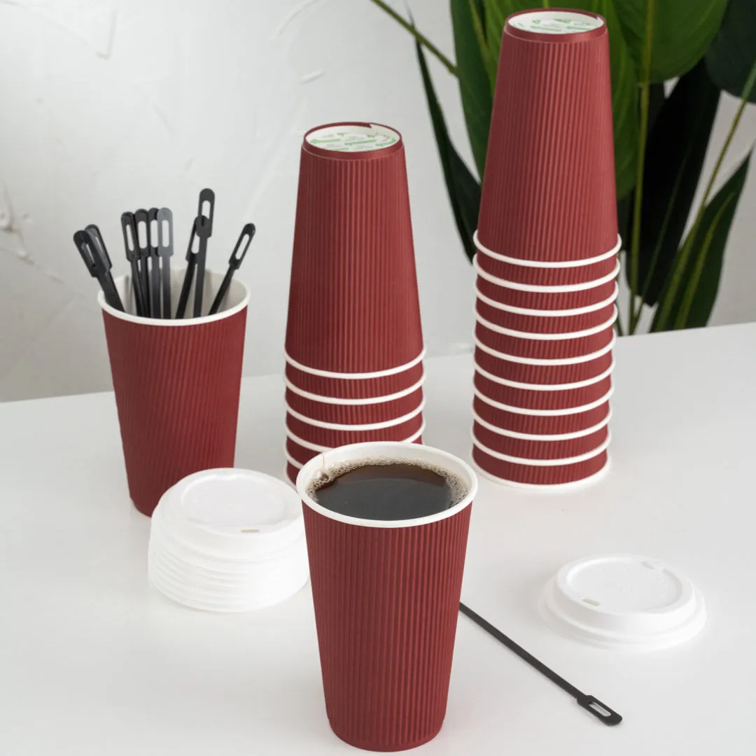 16 oz Crimson Paper Ripple Wall Coffee Cup - with White Lid - 3 1/2" x 3 1/2" x 6 1/4" - 200 count box