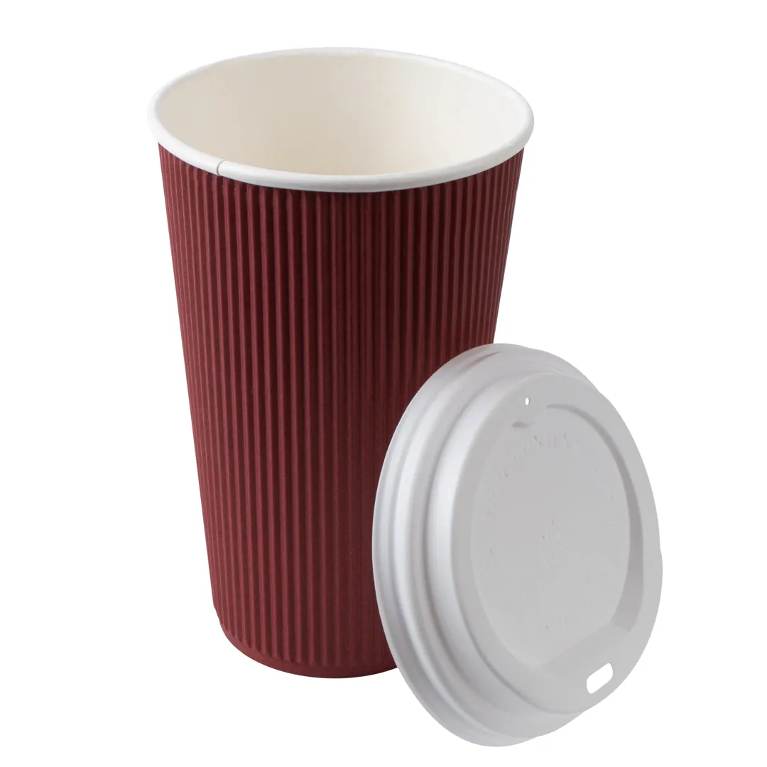 16 oz Crimson Paper Ripple Wall Coffee Cup - with White Lid - 3 1/2" x 3 1/2" x 6 1/4" - 200 count box