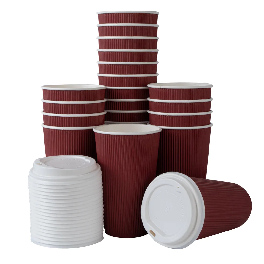 16 oz Crimson Paper Ripple Wall Coffee Cup - with White Lid - 3 1/2" x 3 1/2" x 6 1/4" - 200 count box