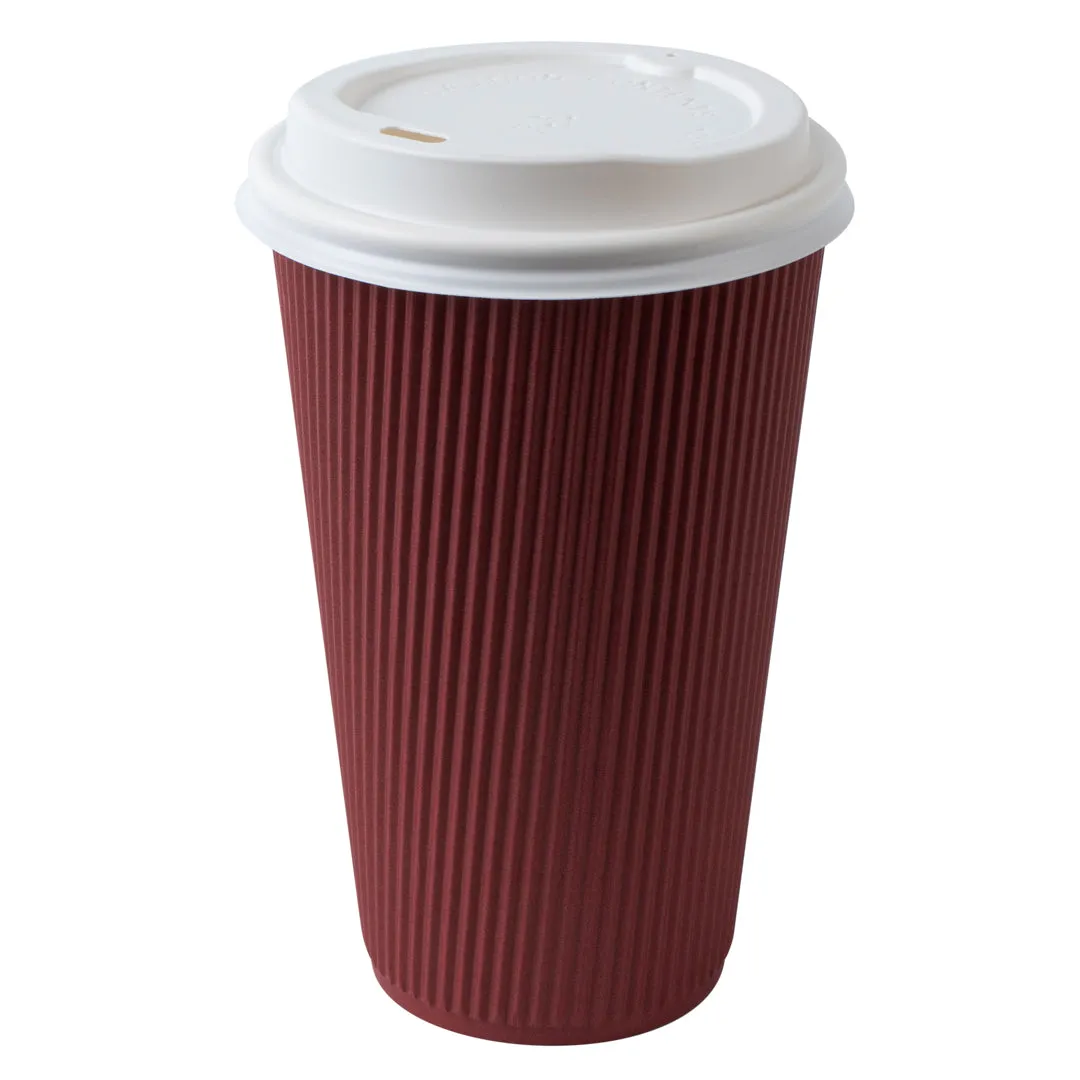 16 oz Crimson Paper Ripple Wall Coffee Cup - with White Lid - 3 1/2" x 3 1/2" x 6 1/4" - 200 count box