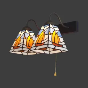 2-Head Tiffany Blue Stained Glass Sailboat Wall Sconce Light Fixture with Pull Chain – Nautical Décor