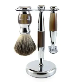 3 Piece Shaving Set (DE) in Imitation Horn & Chrome by Edwin Jagger