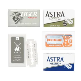 50pc Razor Blade Sampler: Tiger Platinum, Astra, Muhle, and Merkur