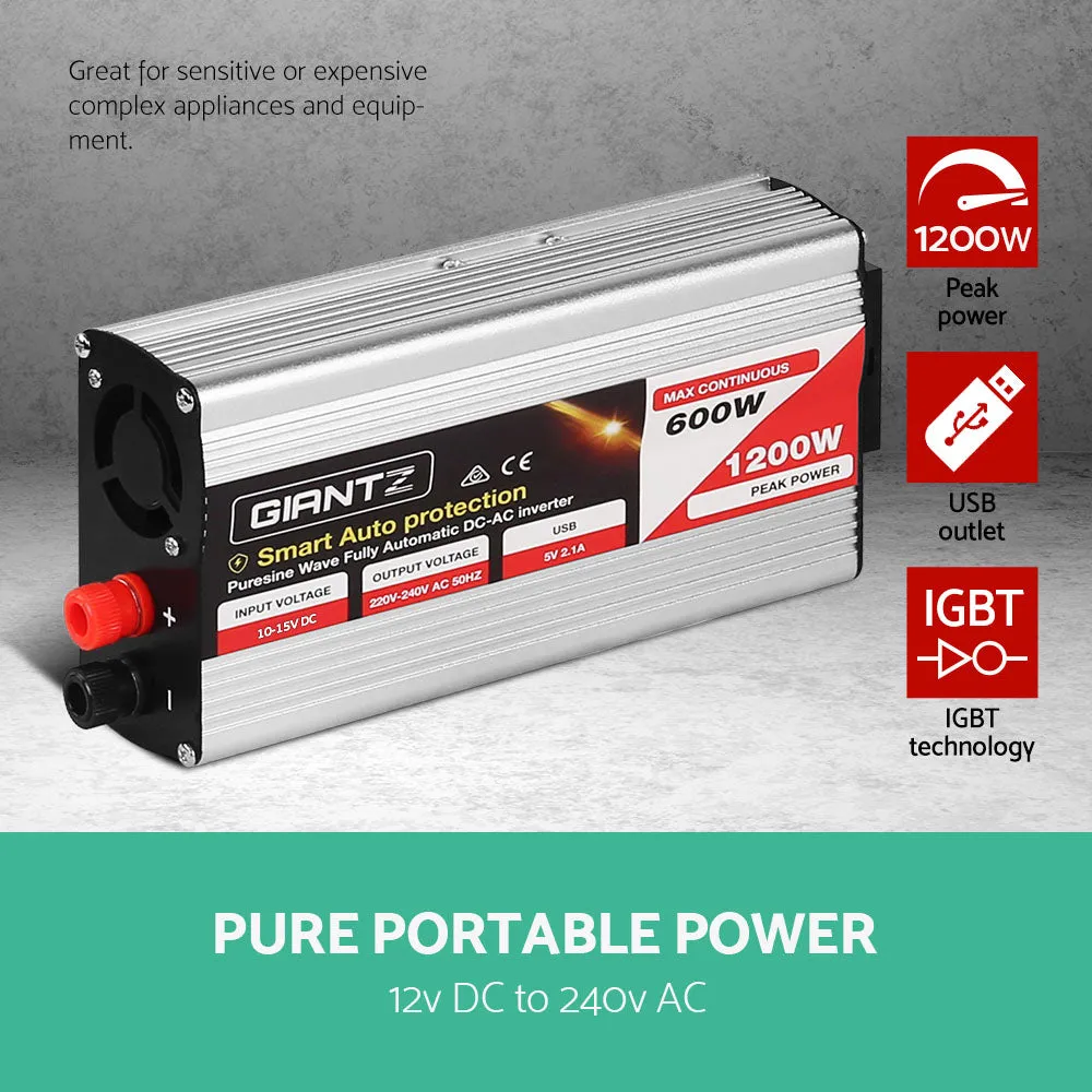 600W/1200W Power Inverter, USB, Pure Sine Wave - Giantz