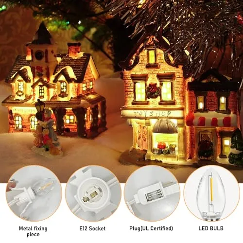 Accessory Cord with 5 LED Light Bulb and Female Plug, 11 Ft Christmas Village Light Cord with Clip, C7 Led Night Lights for Indoor Crafts Halloween Pumpkin Christmas Village House Decor, Black Wire