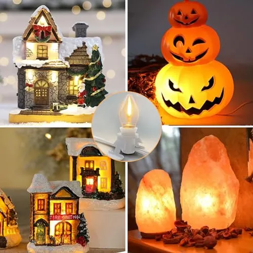 Accessory Cord with 5 LED Light Bulb and Female Plug, 11 Ft Christmas Village Light Cord with Clip, C7 Led Night Lights for Indoor Crafts Halloween Pumpkin Christmas Village House Decor, Black Wire