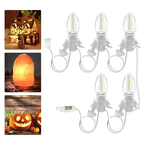 Accessory Cord with 5 LED Light Bulb and Female Plug, 11 Ft Christmas Village Light Cord with Clip, C7 Led Night Lights for Indoor Crafts Halloween Pumpkin Christmas Village House Decor, Black Wire