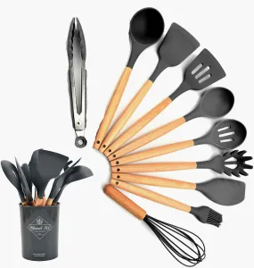 Alciono Silicone Kitchen Spatula and Utensils Spoon Set | Silicone Heat-Resistant Non-Stick Utensil Set Cooking Tools | Turner, Whisk, Spoon, Brush, Spatula, Ladle ,Slotted, Tongs ,Pasta Fork, Set of 10 item | Grey