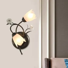 American Garden Flower Wall Lamp with Bronze Finish, Frosted Glass Sconce Light - 2-Head, Left/Right