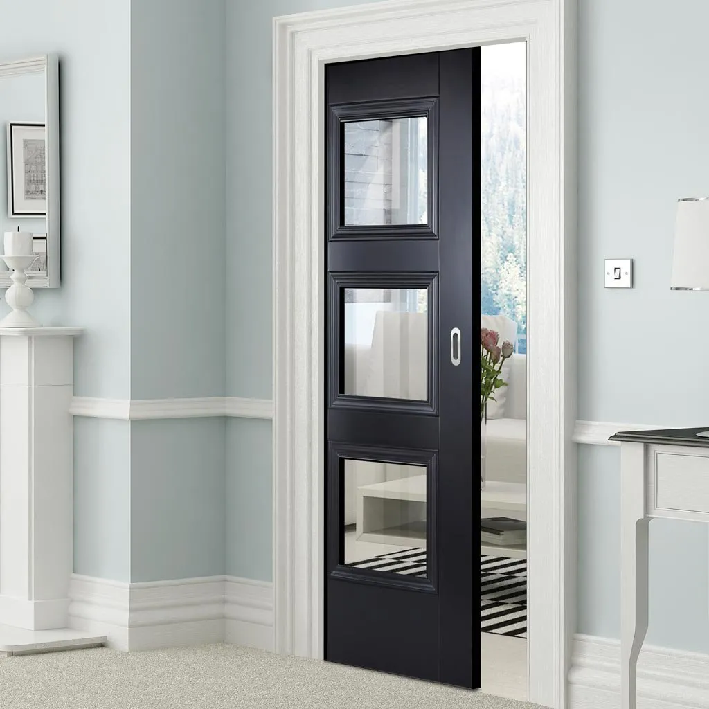 Amsterdam Black Primed Single Evokit Pocket Door - Clear Glass