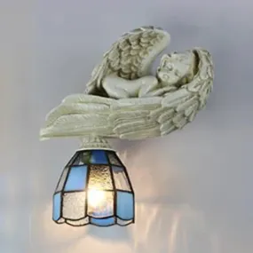 Angel Wall Sconce Light with Stained Glass Dome Shade - White/Blue