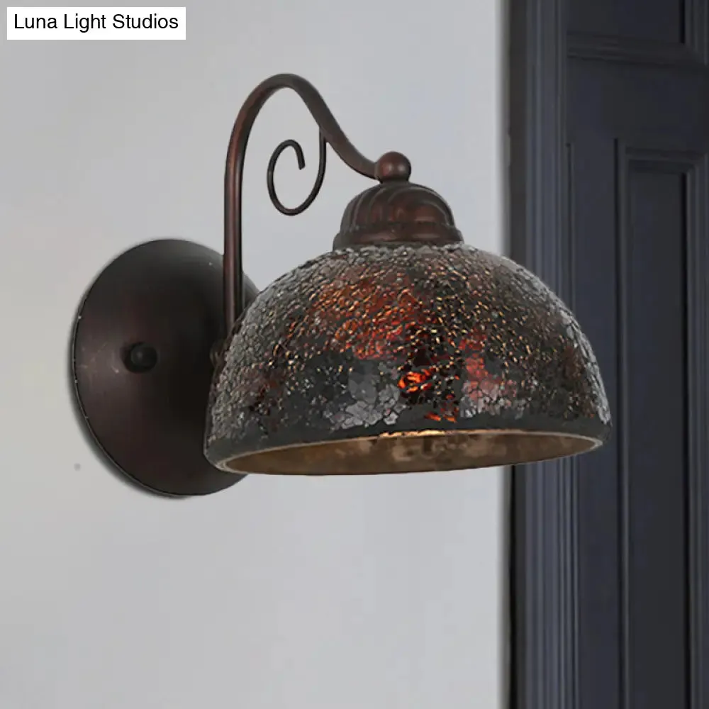 Antique Dome Sconce Lamp - Single Bulb, Metal Curvy Arm, Wall Lighting in Rust