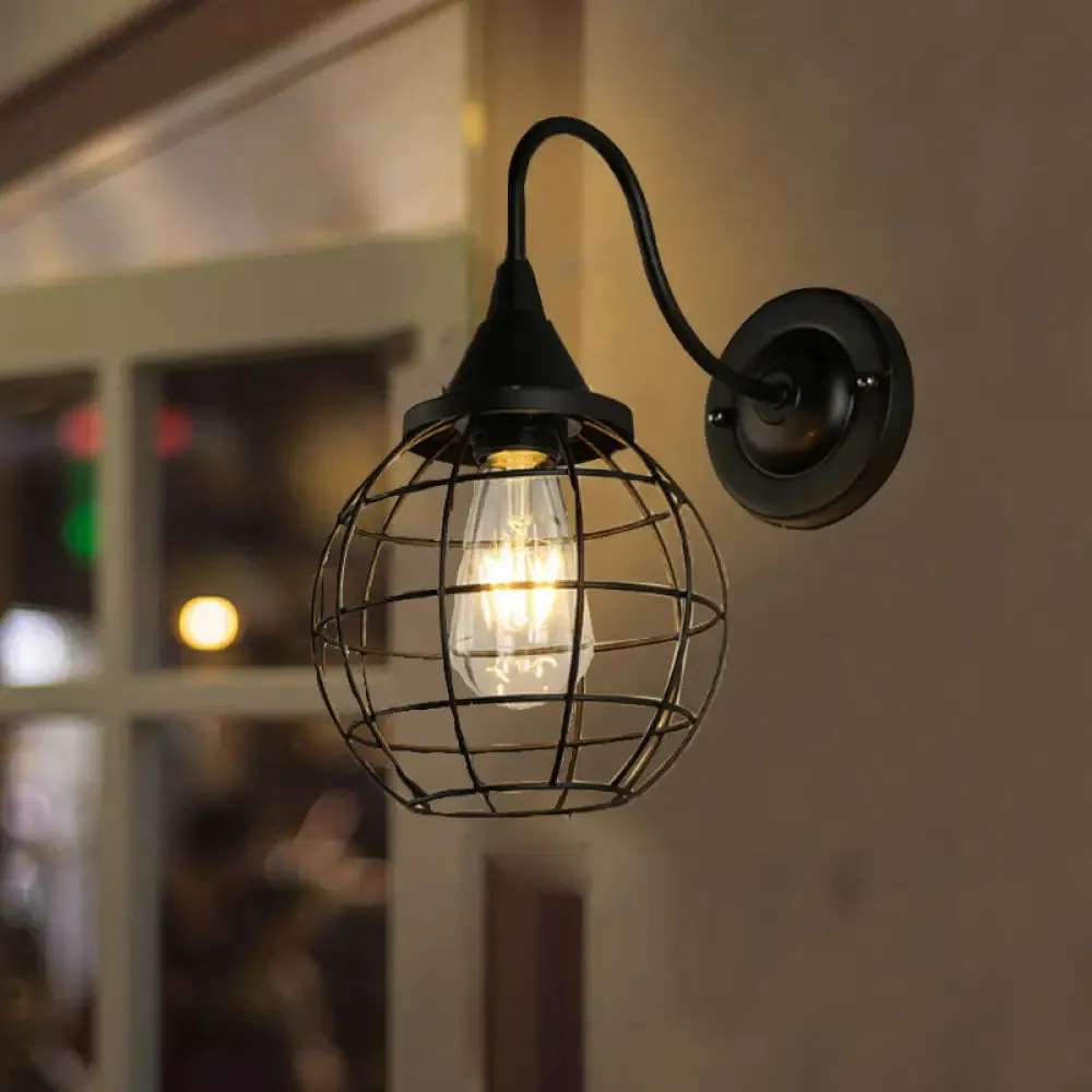 Antique Globe Cage Wall Mount Light - Single-Bulb Iron Fixture for Restaurants