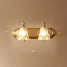 Antique Gold Floral Vanity Lighting - Semi-Opaque Glass Bathroom Wall Light Fixture