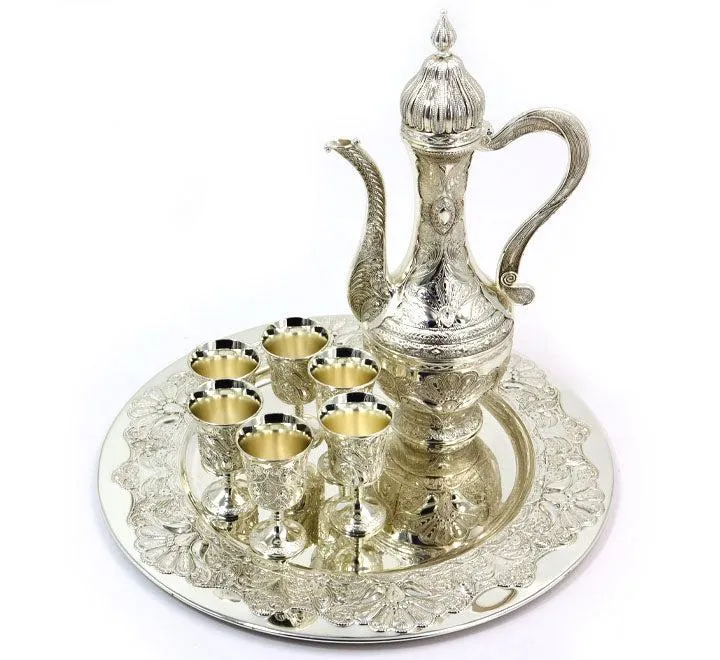 Antique Silver Royal Wine Glass, Surahi And Tray Set