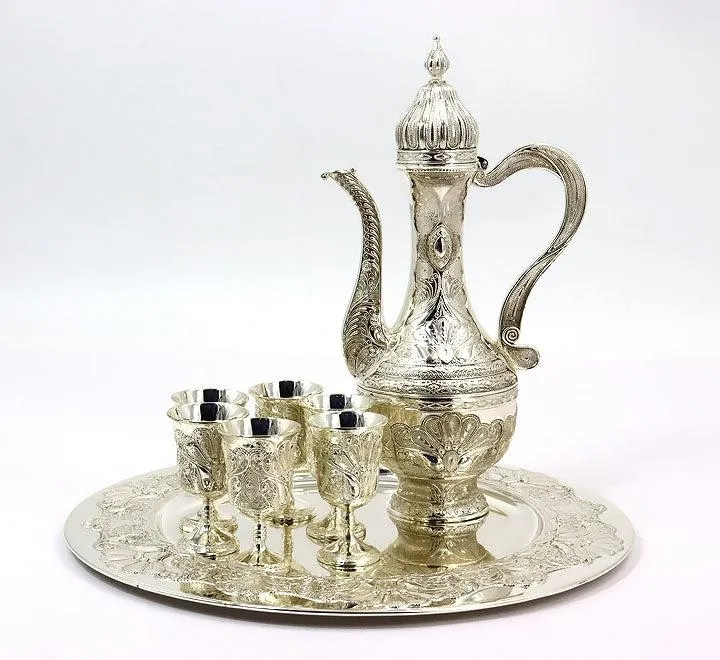 Antique Silver Royal Wine Glass, Surahi And Tray Set