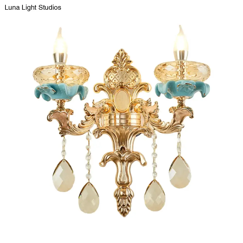 Antiqued Candlestick Wall Lamp with Crystal Sconce Light Fixture in Gold