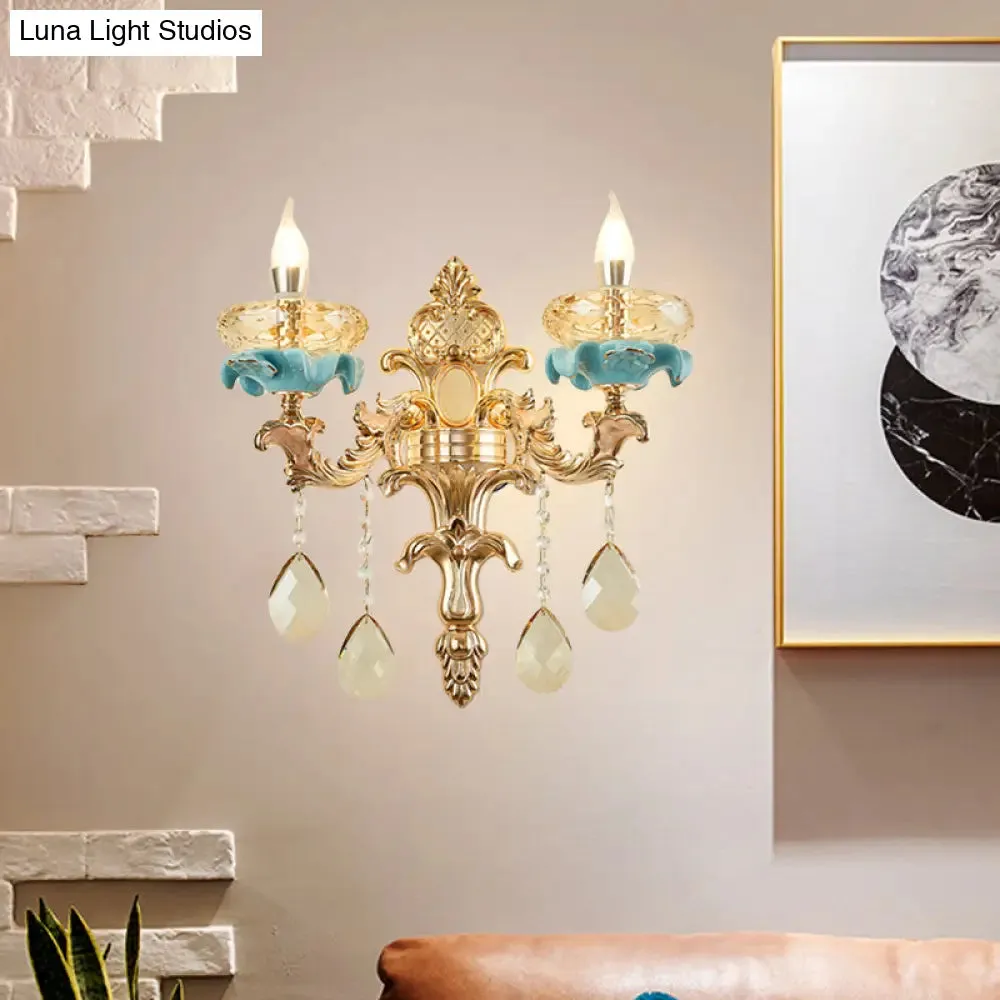 Antiqued Candlestick Wall Lamp with Crystal Sconce Light Fixture in Gold