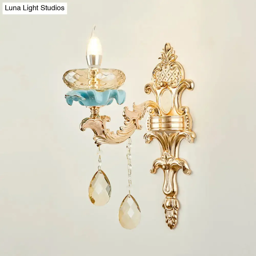 Antiqued Candlestick Wall Lamp with Crystal Sconce Light Fixture in Gold