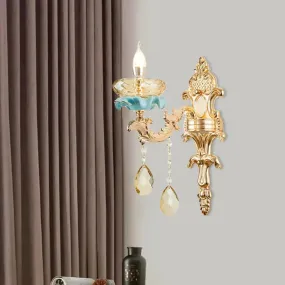 Antiqued Candlestick Wall Lamp with Crystal Sconce Light Fixture in Gold