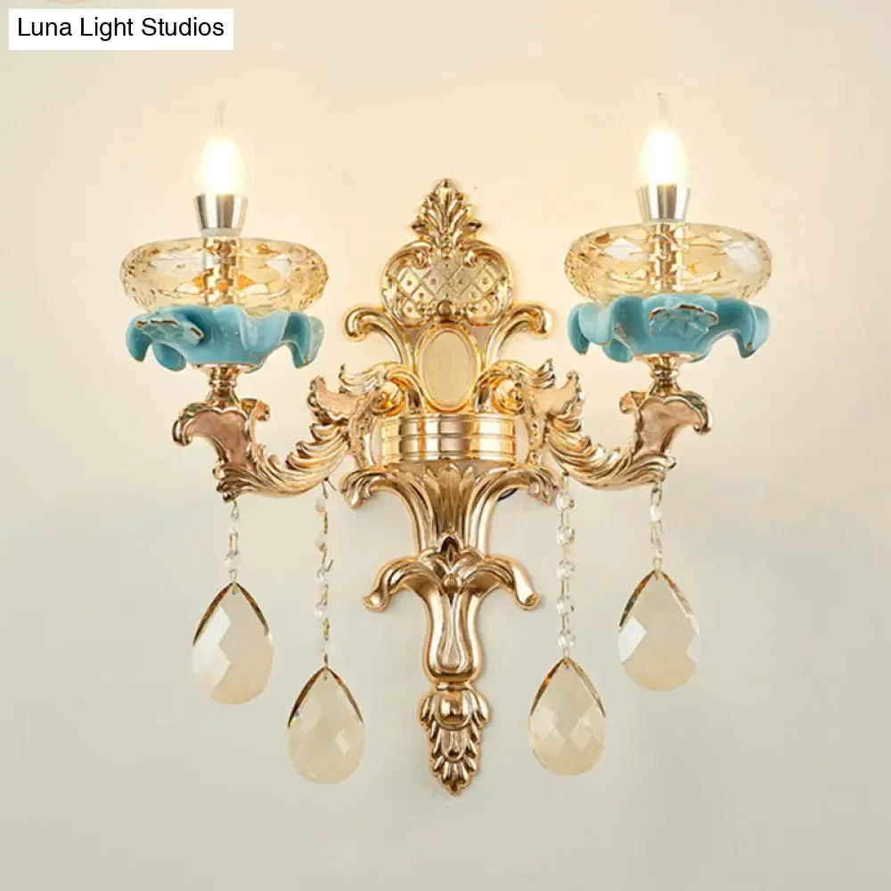 Antiqued Candlestick Wall Lamp with Crystal Sconce Light Fixture in Gold