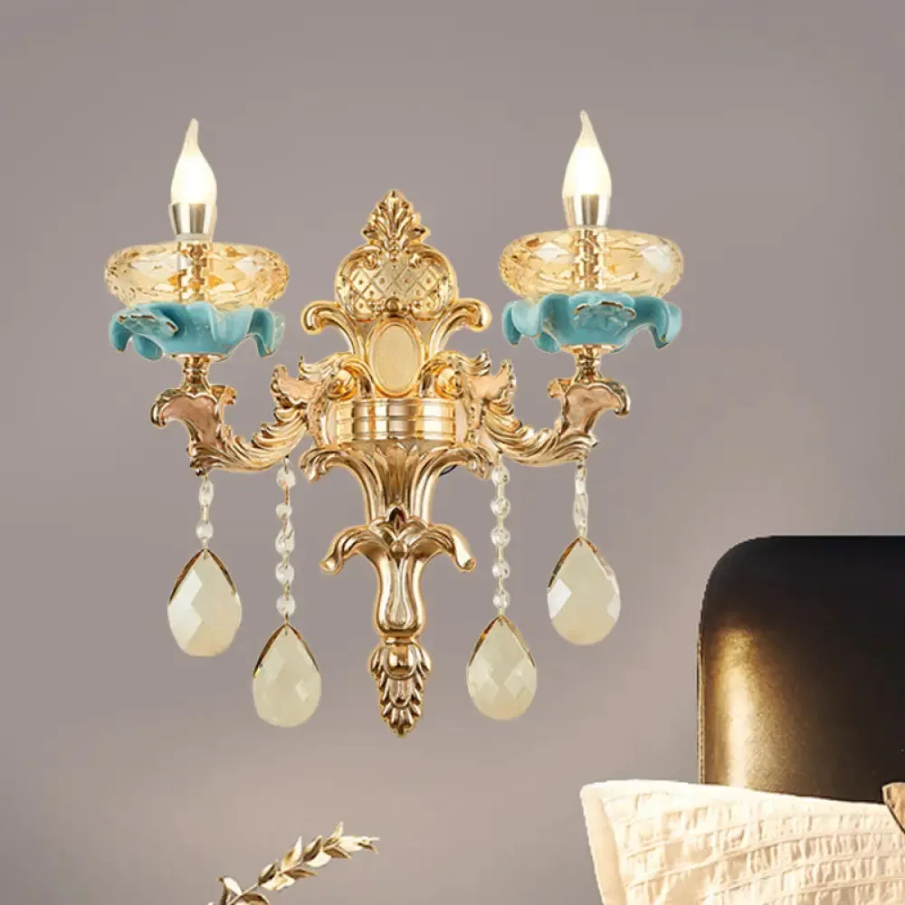 Antiqued Candlestick Wall Lamp with Crystal Sconce Light Fixture in Gold