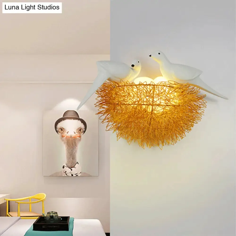 Art Deco Gold Finish Flush Wall Sconce: Bird Nest 3-Light Metal LED Fixture with White Bird Decor