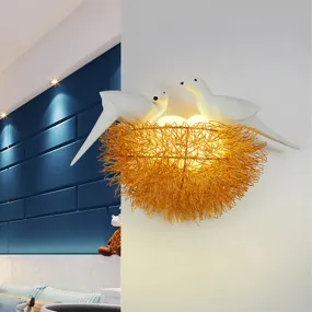 Art Deco Gold Finish Flush Wall Sconce: Bird Nest 3-Light Metal LED Fixture with White Bird Decor