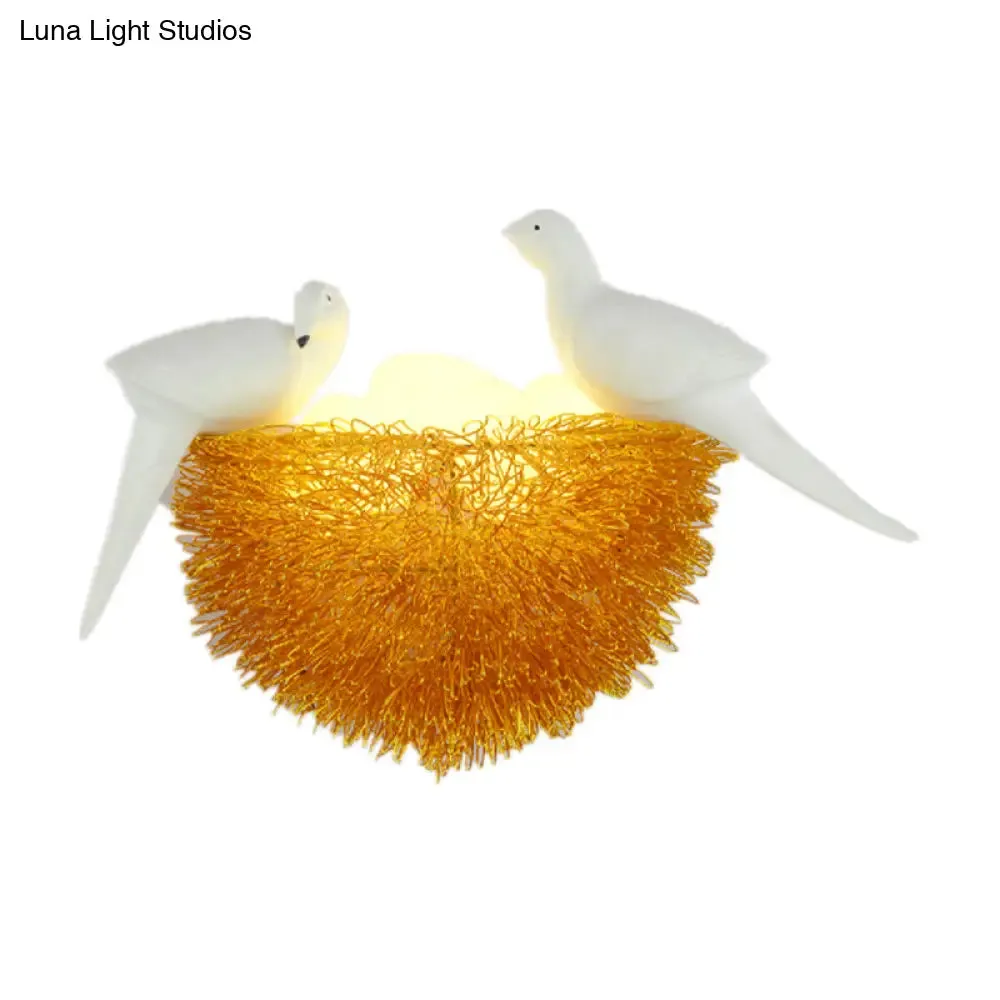 Art Deco Gold Finish Flush Wall Sconce: Bird Nest 3-Light Metal LED Fixture with White Bird Decor