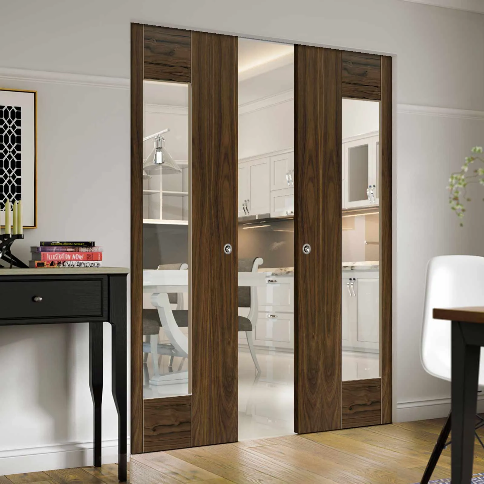 Axis Shaker Walnut Absolute Evokit Double Pocket Doors - Clear Glass - Prefinished