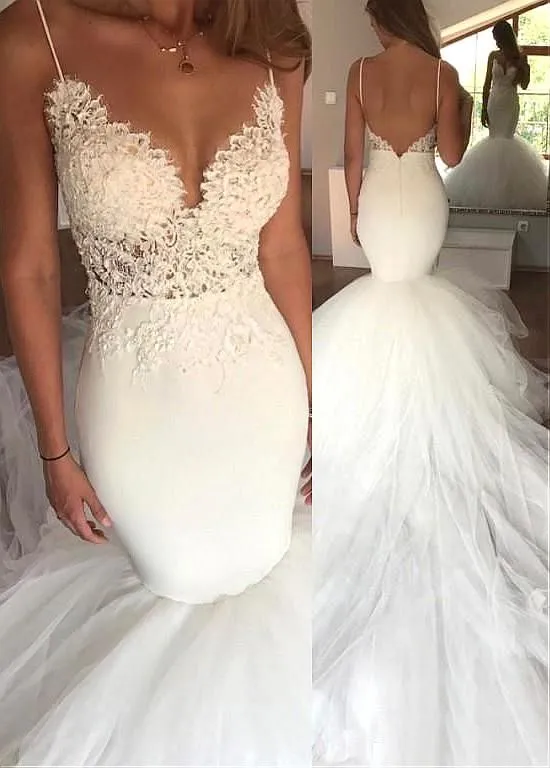 Backless Wedding Dresses Mermaid Spaghetti Straps Simple Open Back Bridal Gown JKW320