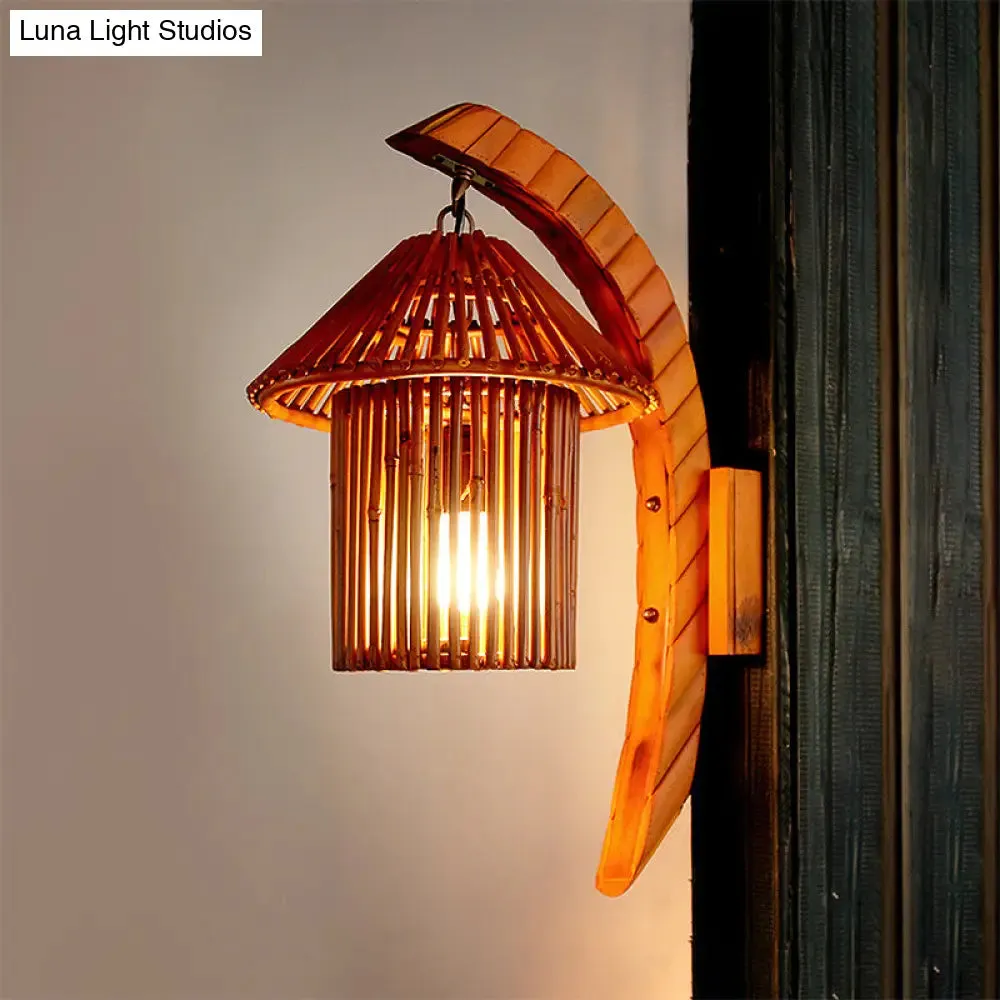 Bamboo Country House Wall Sconce with Arc Arm - Brown