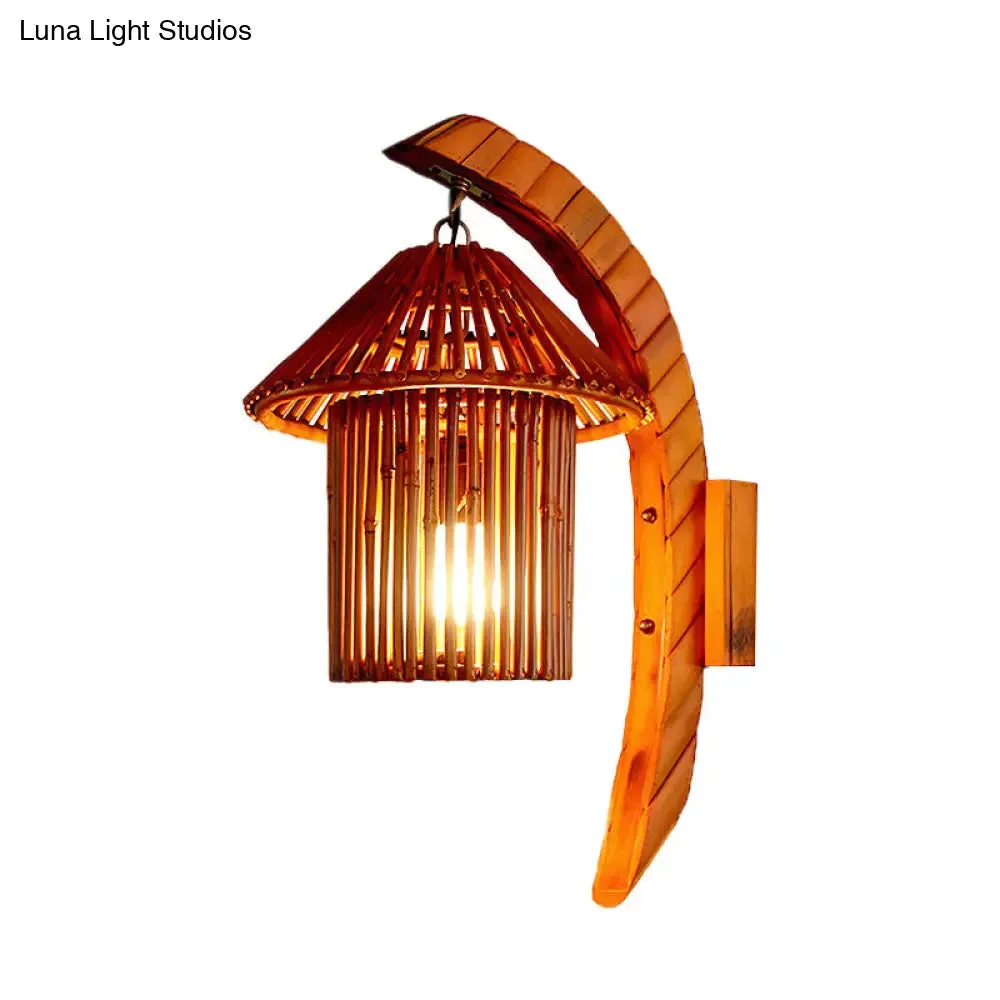 Bamboo Country House Wall Sconce with Arc Arm - Brown