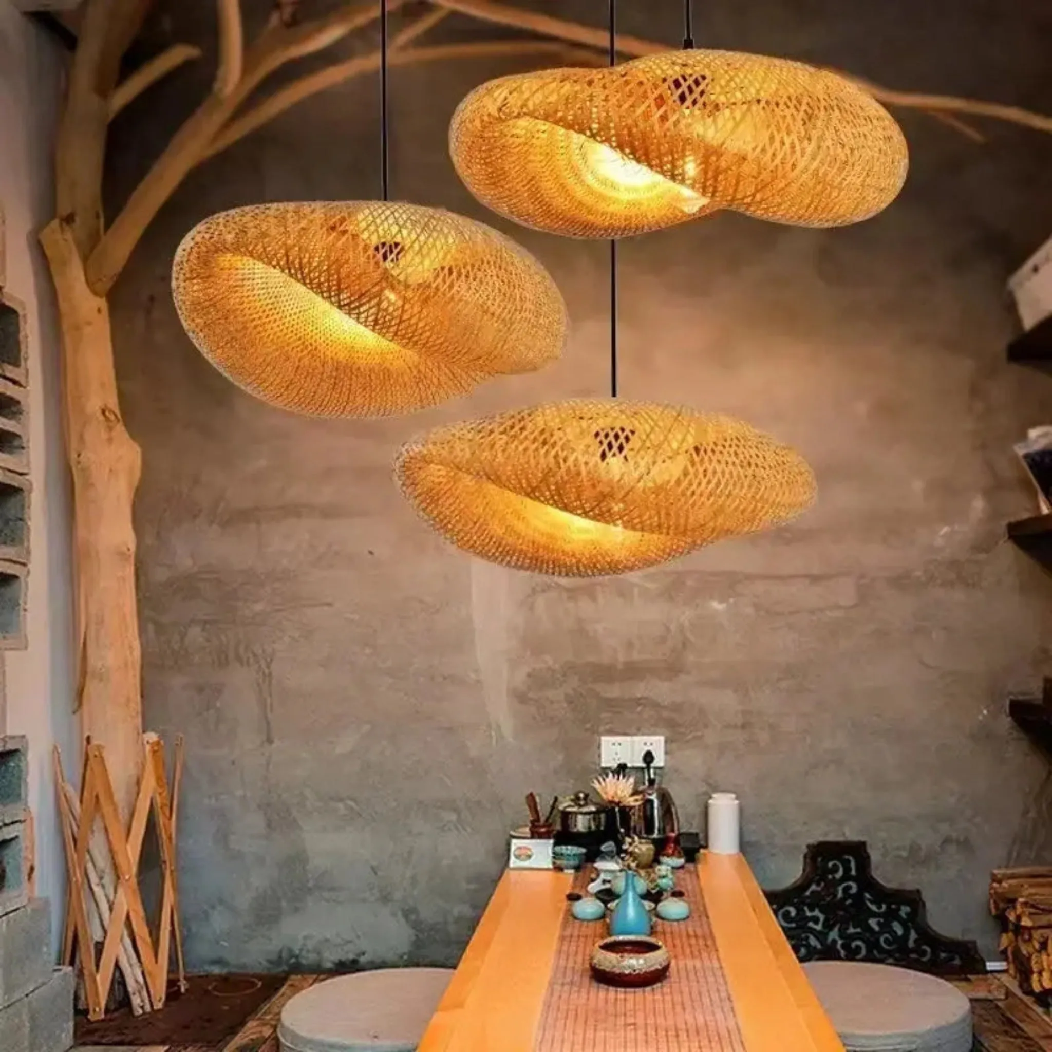 Bamboo Hanging Lamp | Hand-Knit Pendant Light for Dining & Living Spaces