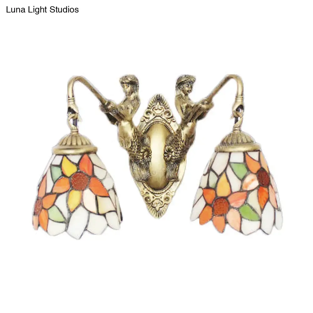 Baroque Brass Bell Sconce: 2-Light Multicolored Stained Glass Wall Mount