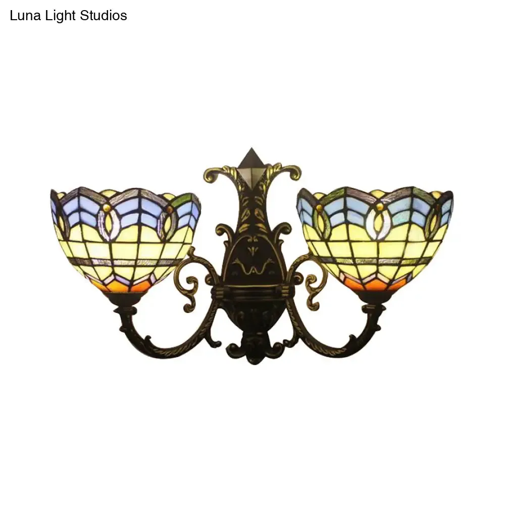 Baroque Double Wall Sconce Lighting with Stained Glass and Curved Arm