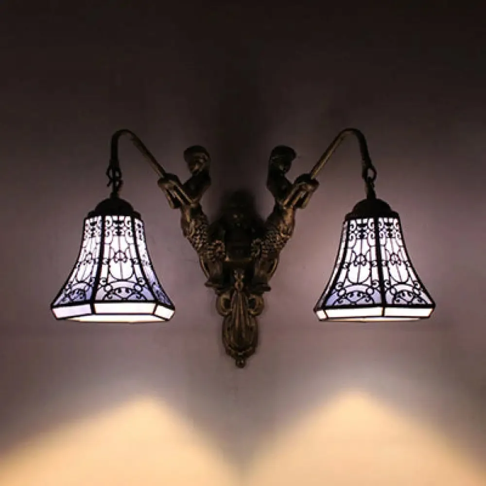 Baroque Glass Sconce Light with Mermaid Decor - 2 Head Wall Fixture in White/Blue/Purple