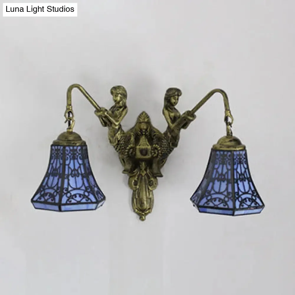 Baroque Glass Sconce Light with Mermaid Decor - 2 Head Wall Fixture in White/Blue/Purple