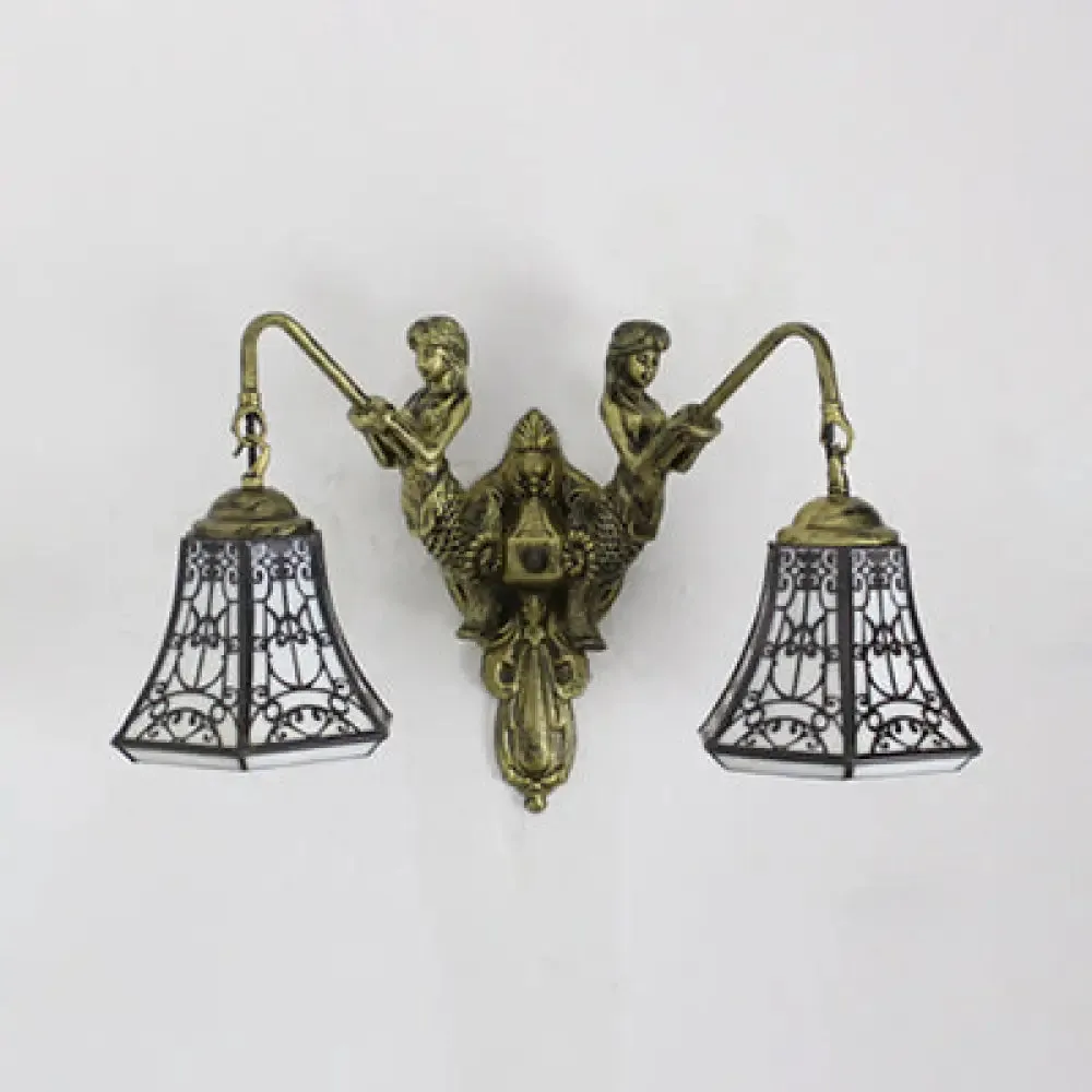 Baroque Glass Sconce Light with Mermaid Decor - 2 Head Wall Fixture in White/Blue/Purple