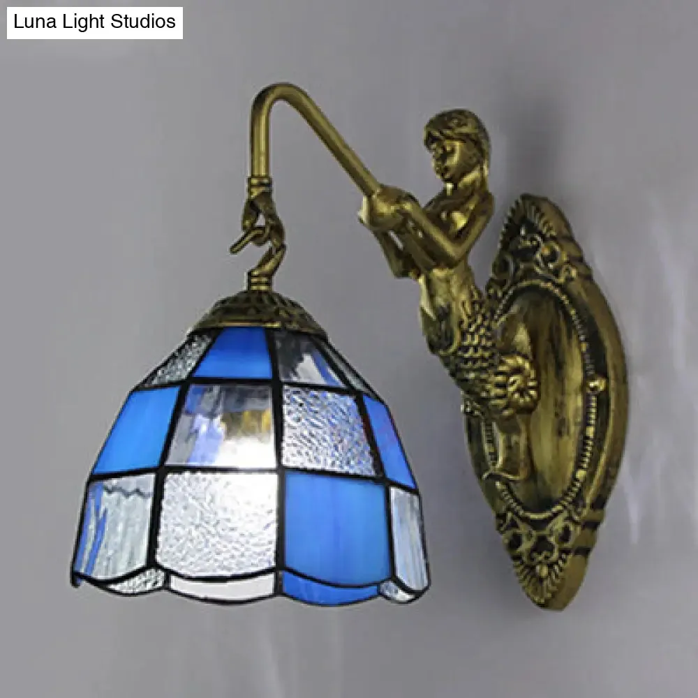 Baroque Grid Patterned Sconce Lighting - White/Blue Glass Wall Mounted Light Fixture for Hallway