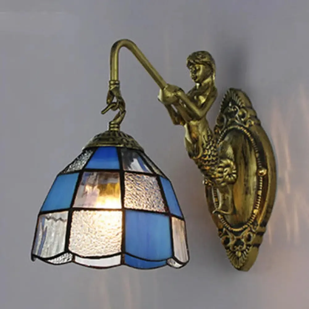 Baroque Grid Patterned Sconce Lighting - White/Blue Glass Wall Mounted Light Fixture for Hallway