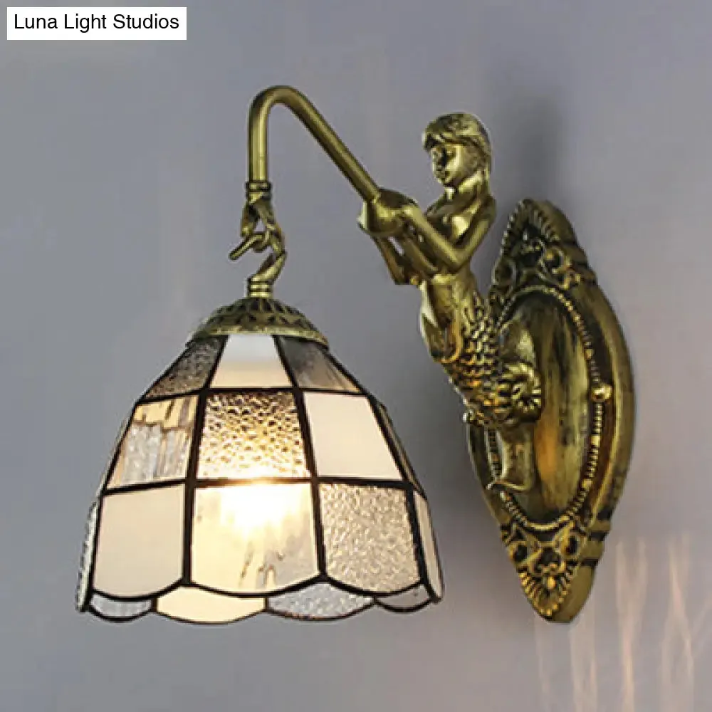 Baroque Grid Patterned Sconce Lighting - White/Blue Glass Wall Mounted Light Fixture for Hallway