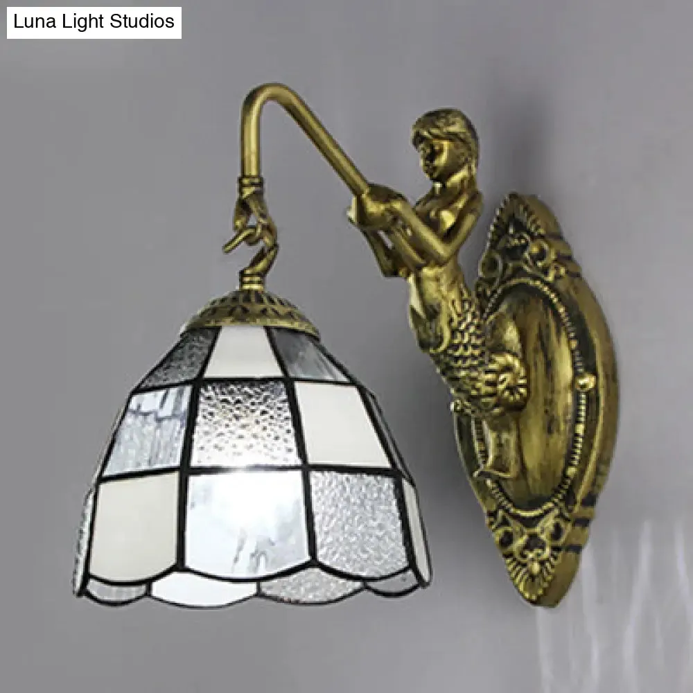 Baroque Grid Patterned Sconce Lighting - White/Blue Glass Wall Mounted Light Fixture for Hallway